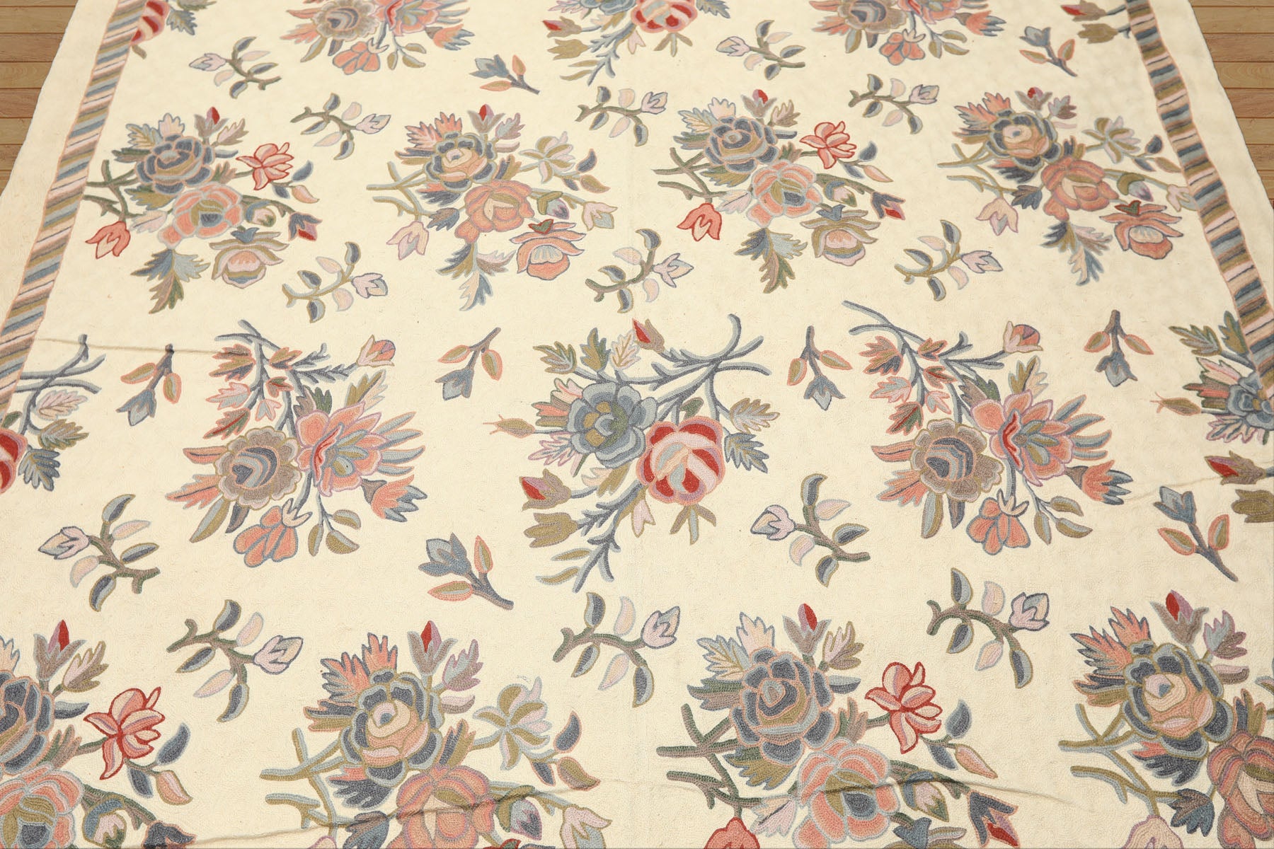 6x9 Ivory, Blue, Rose Color Hand Woven Chainstitch Needlepoint Wool Traditional Oriental Rug
