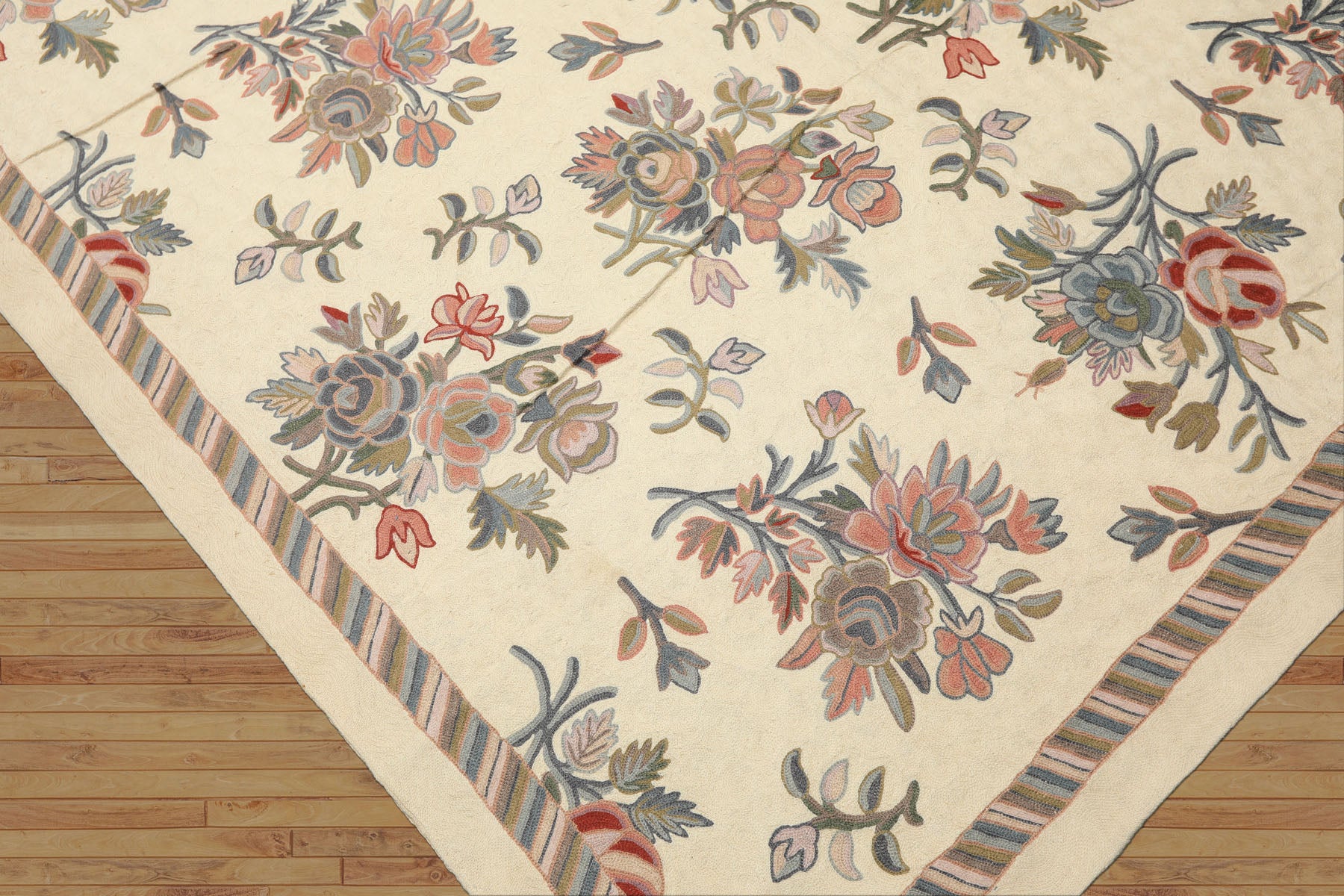 6x9 Ivory, Blue, Rose Color Hand Woven Chainstitch Needlepoint Wool Traditional Oriental Rug