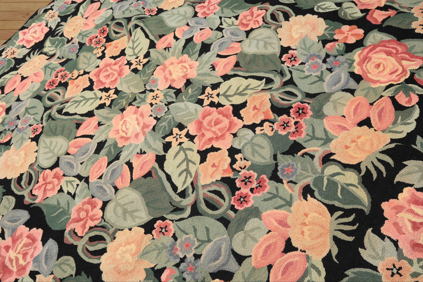 8x10 Charcoal, Celadon, Pink Color Hand Hooked  Wool Traditional Oriental Rug