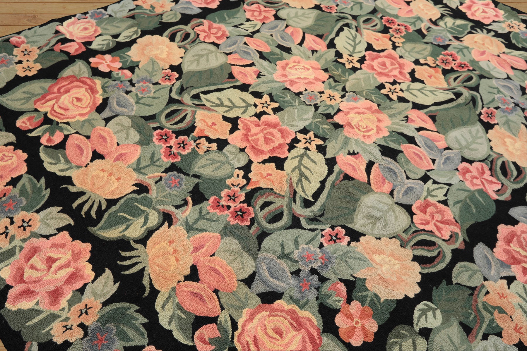 8x10 Charcoal, Celadon, Pink Color Hand Hooked  Wool Traditional Oriental Rug