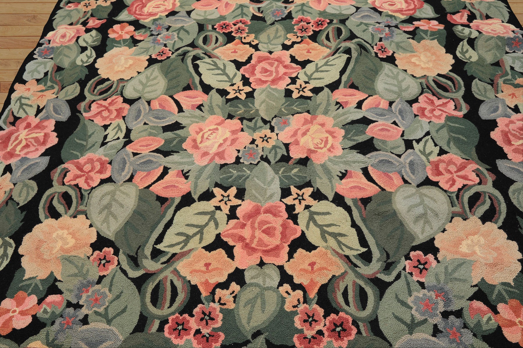 8x10 Charcoal, Celadon, Pink Color Hand Hooked  Wool Traditional Oriental Rug
