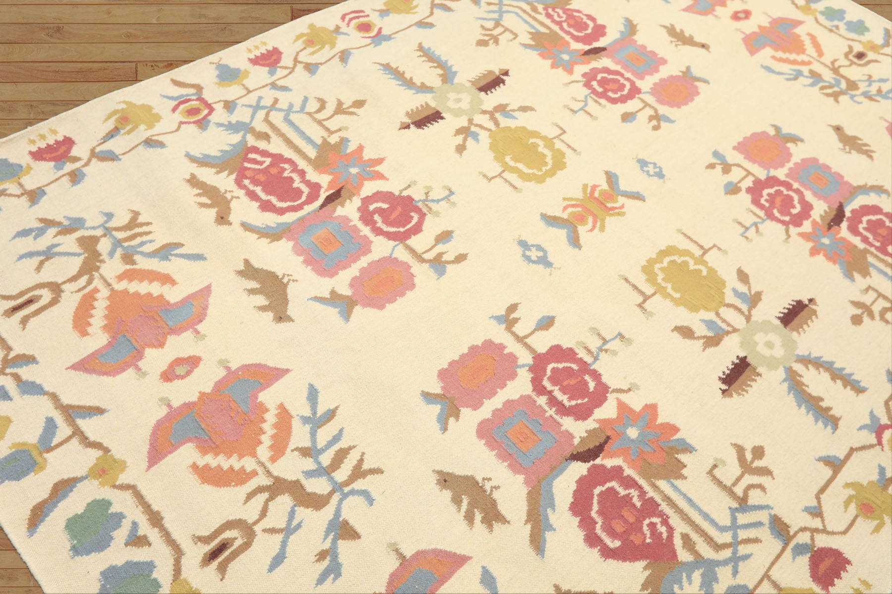 6x9 Ivory, Rose, Peach Color Hand Woven Kilim Wool Transitional Oriental Rug