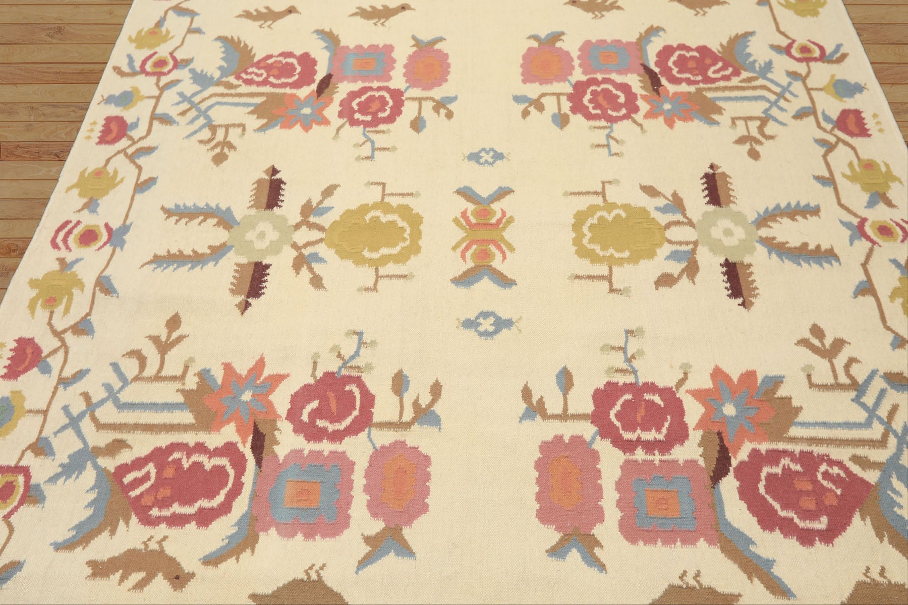 6x9 Ivory, Rose, Peach Color Hand Woven Kilim Wool Transitional Oriental Rug