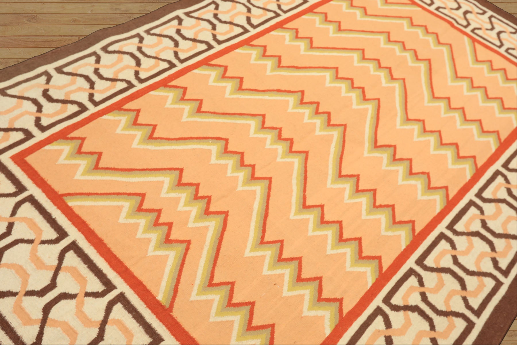 6x9 Peach, Ivory, Brown Color Hand Woven Kilim Wool Southwestern Oriental Rug