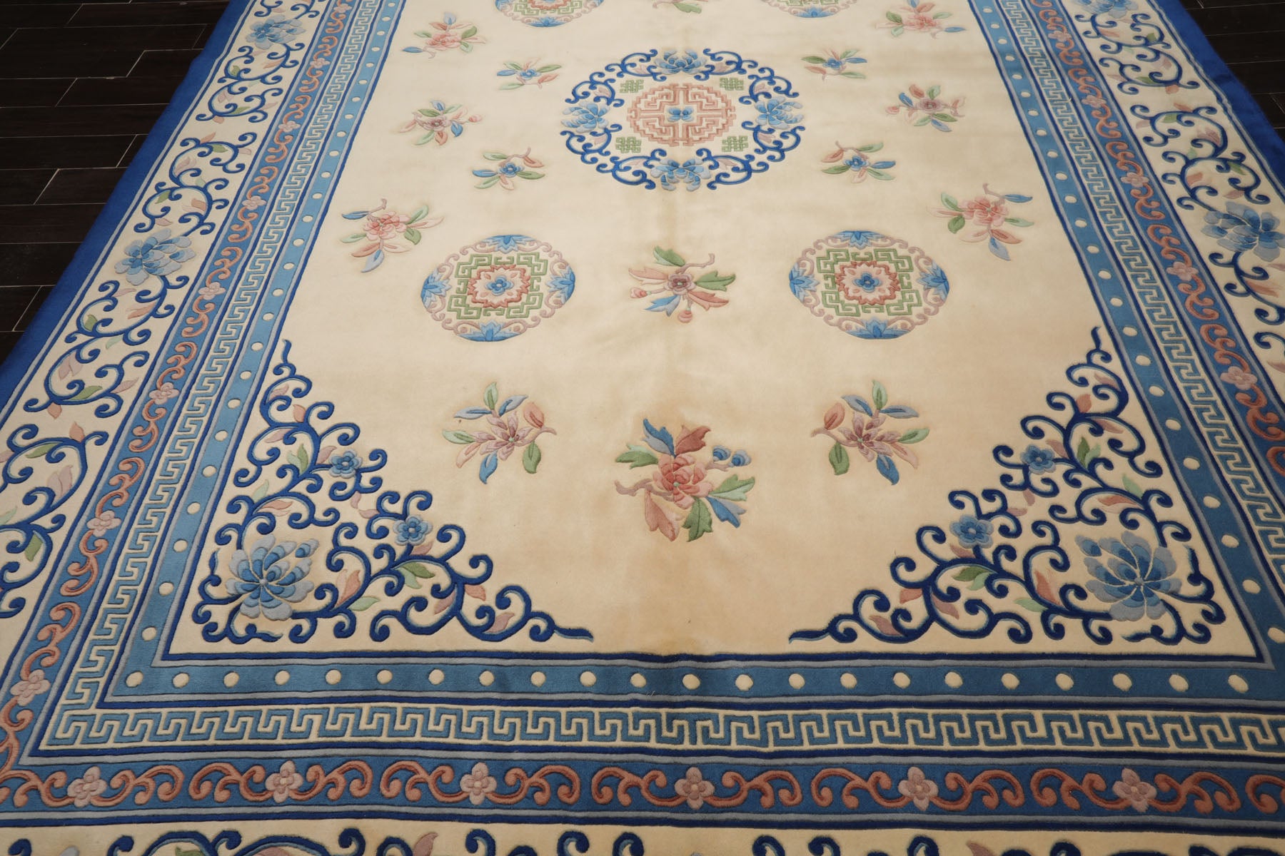 9x13 Ivory, Royal Blue, Rose Color Hand Knotted French Aubusson Savonnerie Wool Traditional Oriental Rug