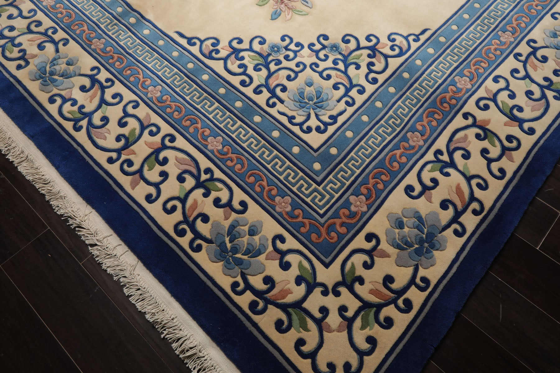 9x13 Ivory, Royal Blue, Rose Color Hand Knotted French Aubusson Savonnerie Wool Traditional Oriental Rug
