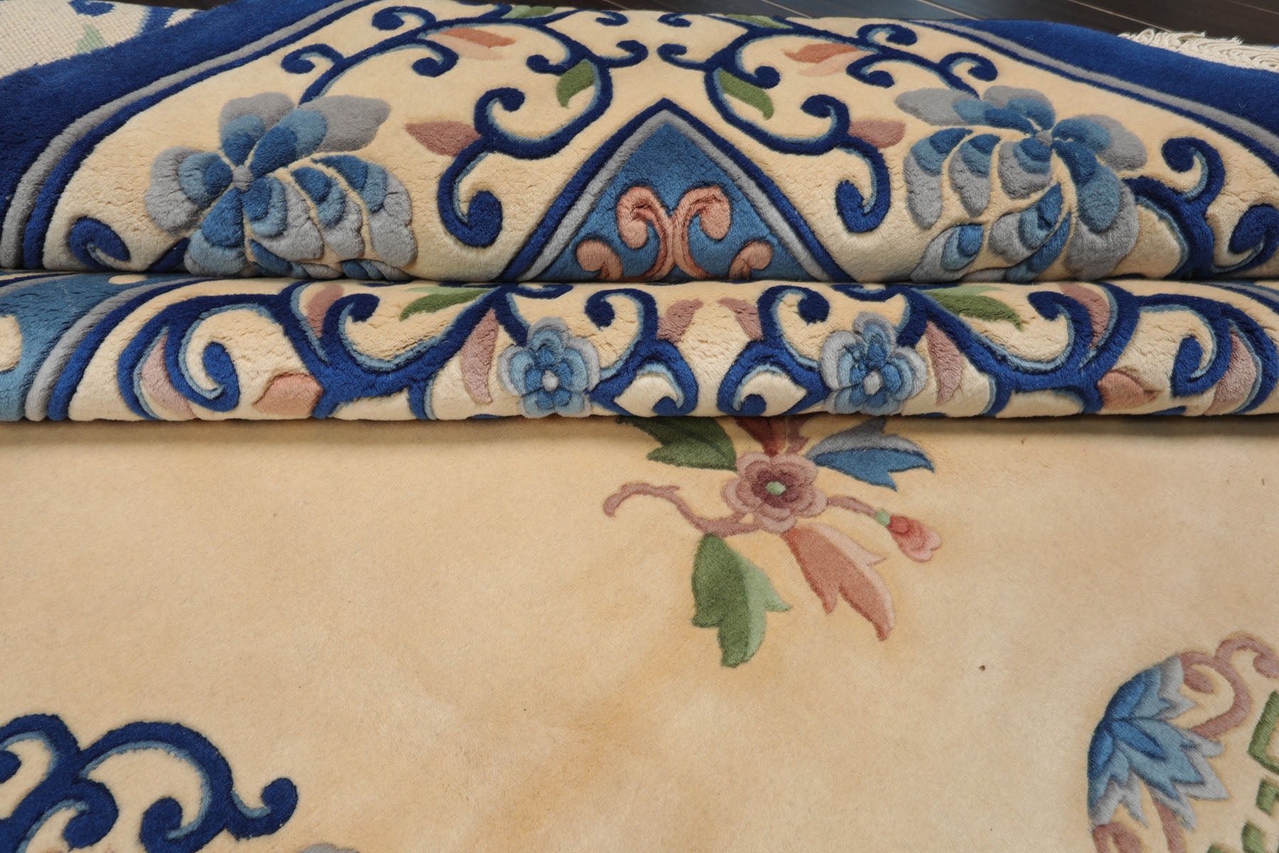 9x13 Ivory, Royal Blue, Rose Color Hand Knotted French Aubusson Savonnerie Wool Traditional Oriental Rug