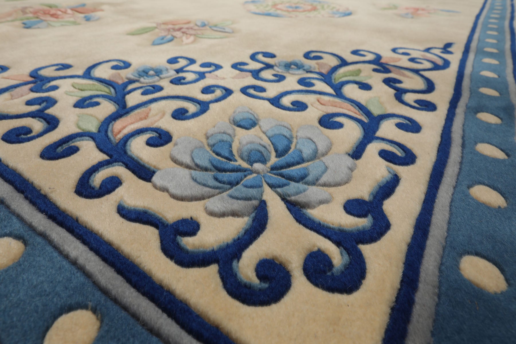 9x13 Ivory, Royal Blue, Rose Color Hand Knotted French Aubusson Savonnerie Wool Traditional Oriental Rug