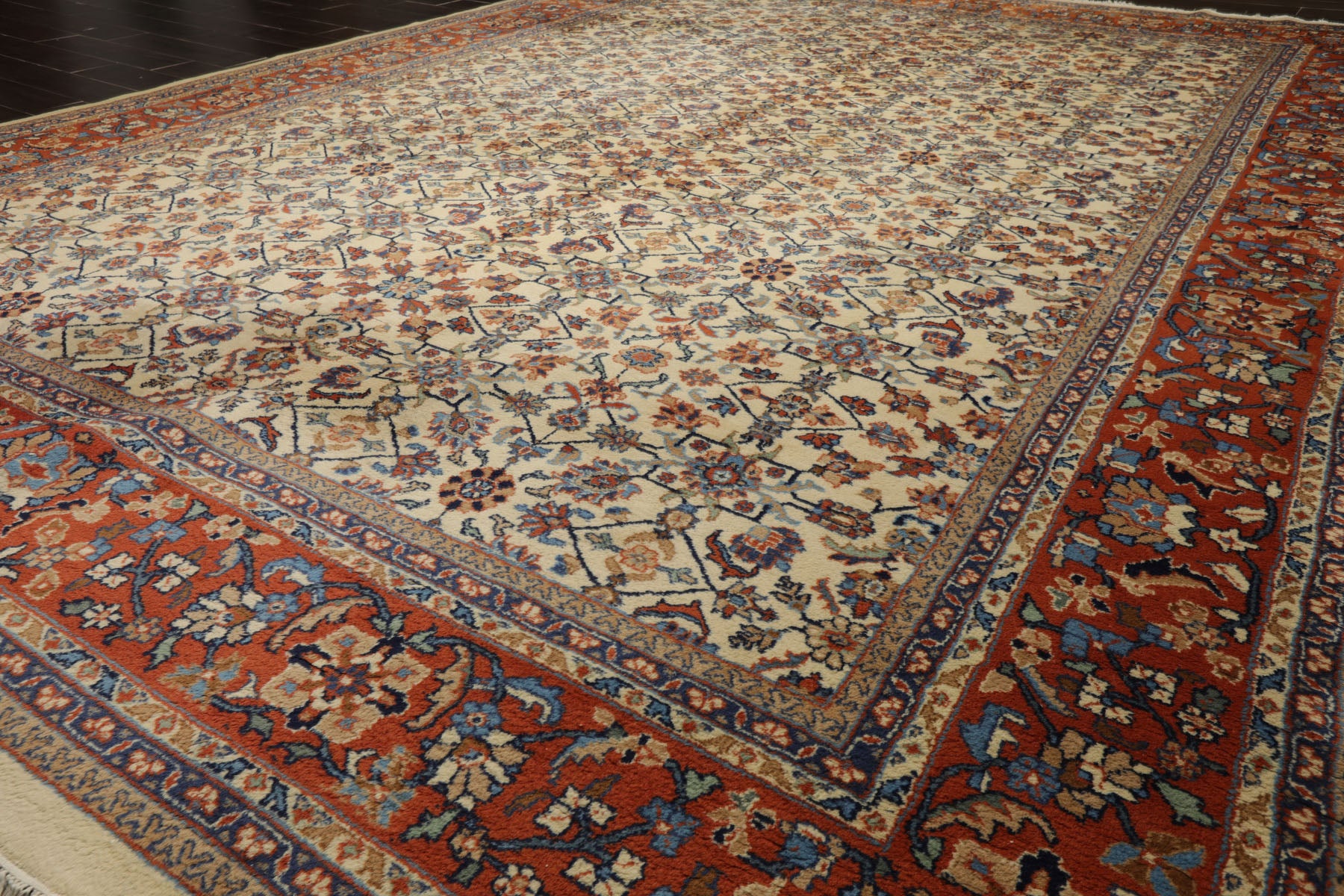 10x14 Ivory, Burnt Orange, Blue Color Hand Knotted Herati Wool Traditional Oriental Rug