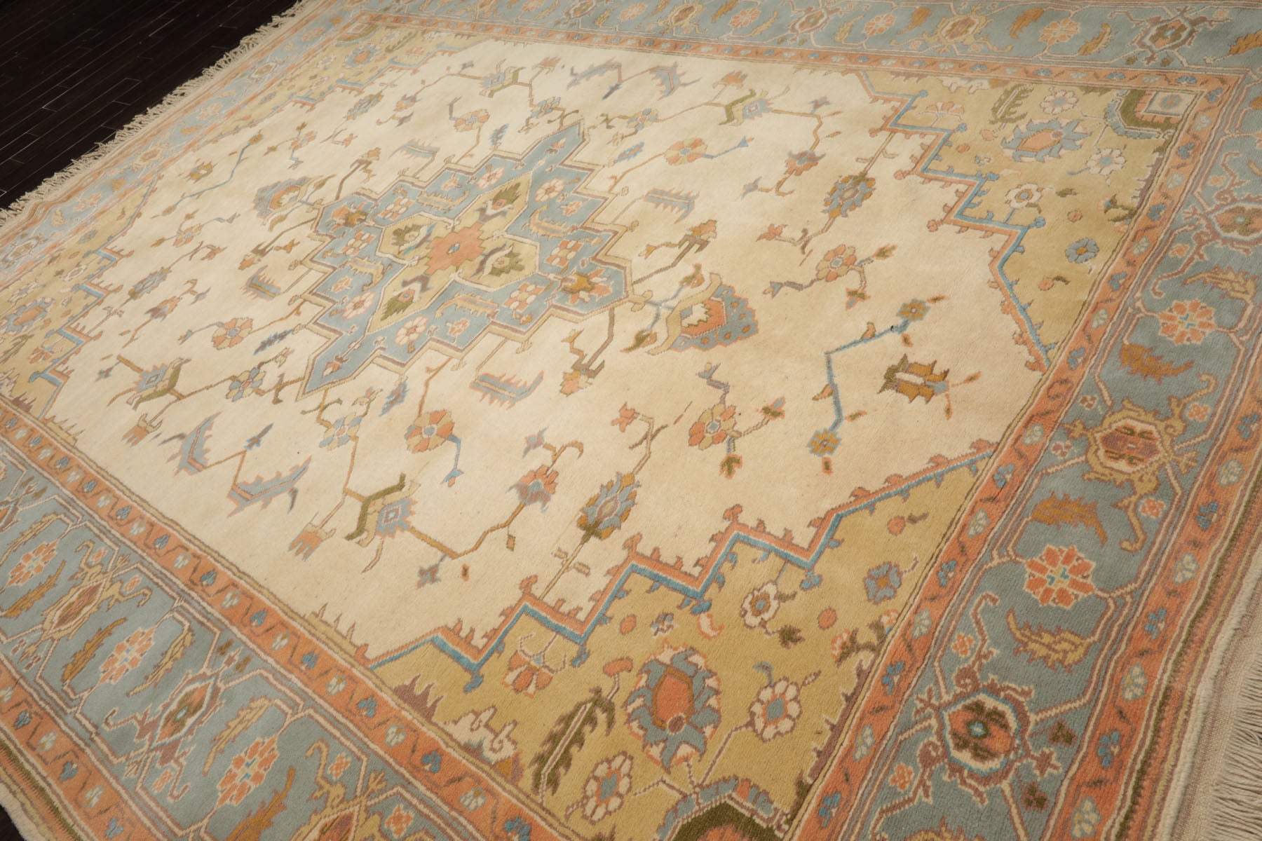 9x14 Ivory, Aqua, Peach Color Hand Knotted Oushak Wool Traditional Oriental Rug