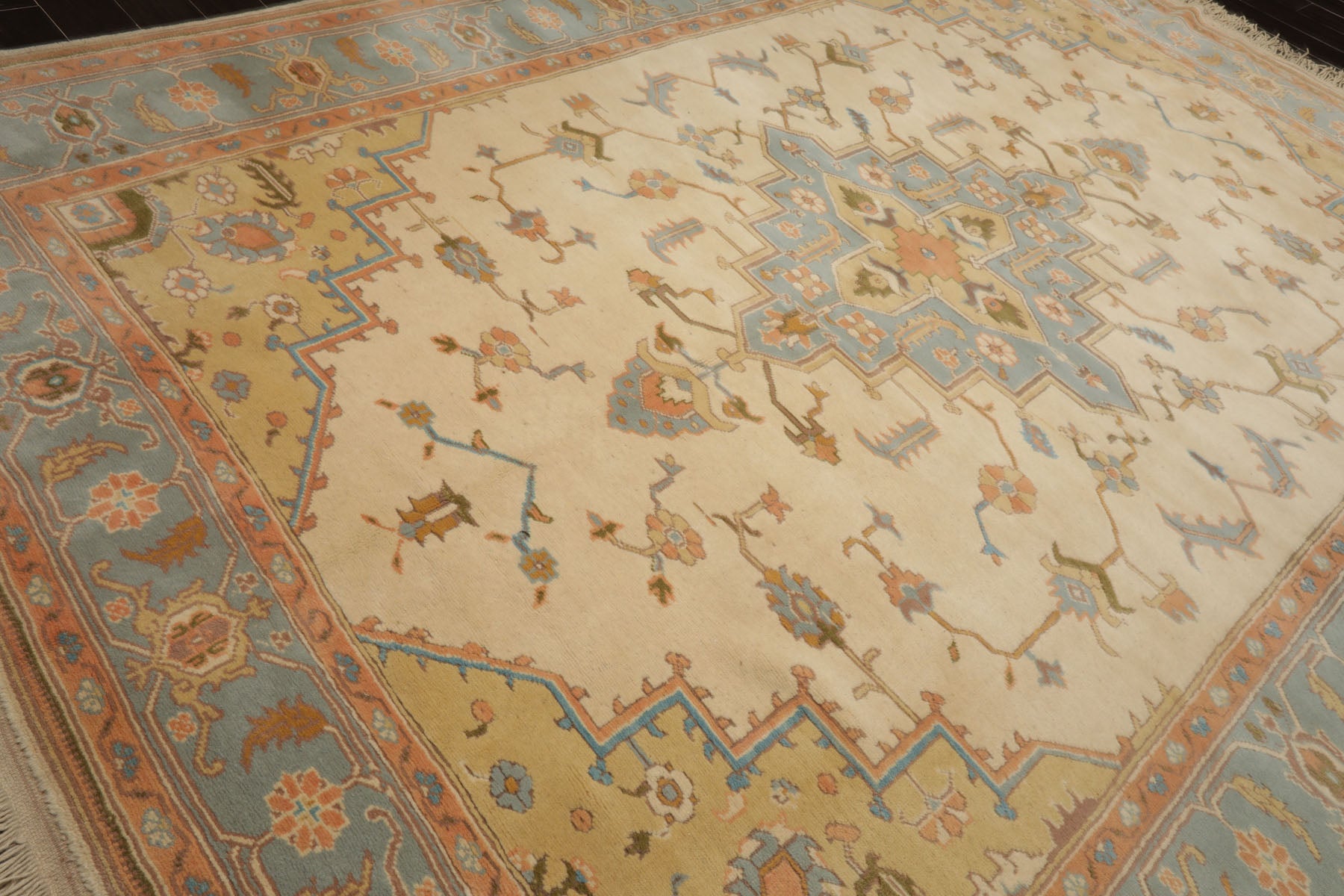 9x14 Ivory, Aqua, Peach Color Hand Knotted Oushak Wool Traditional Oriental Rug