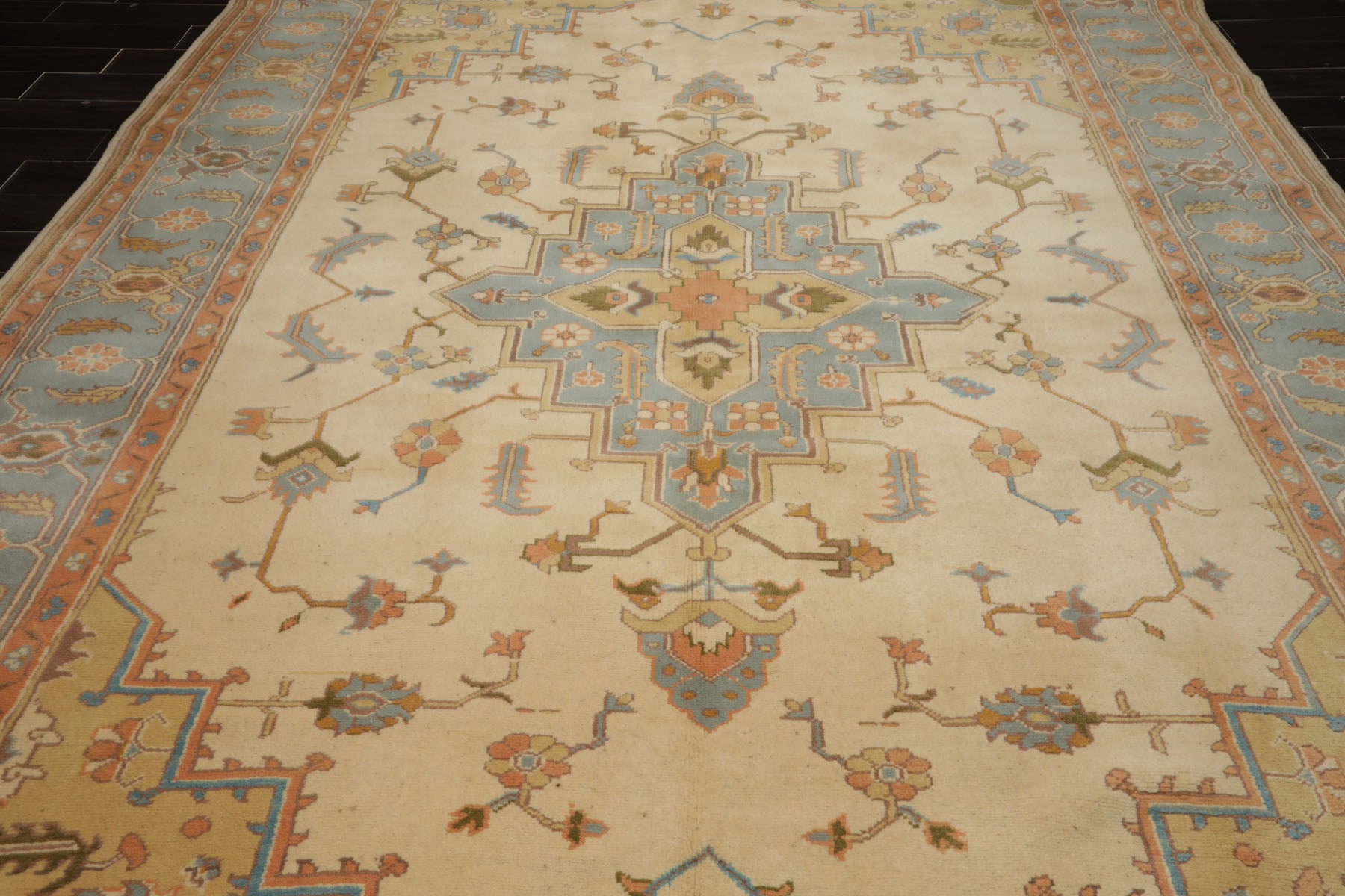 9x14 Ivory, Aqua, Peach Color Hand Knotted Oushak Wool Traditional Oriental Rug