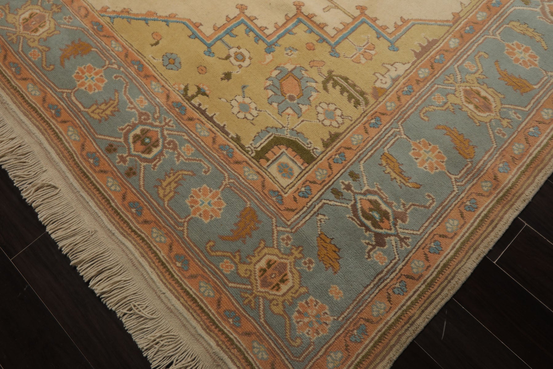 9x14 Ivory, Aqua, Peach Color Hand Knotted Oushak Wool Traditional Oriental Rug