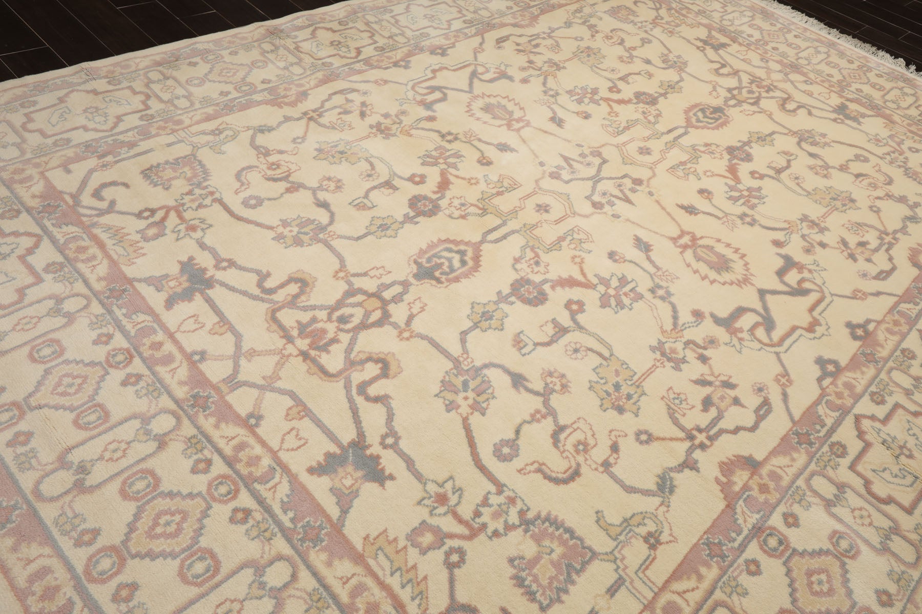 9x12 Ivory, Rose, Gray Color Hand Knotted Heriz New Zealand Wool Traditional Oriental Rug