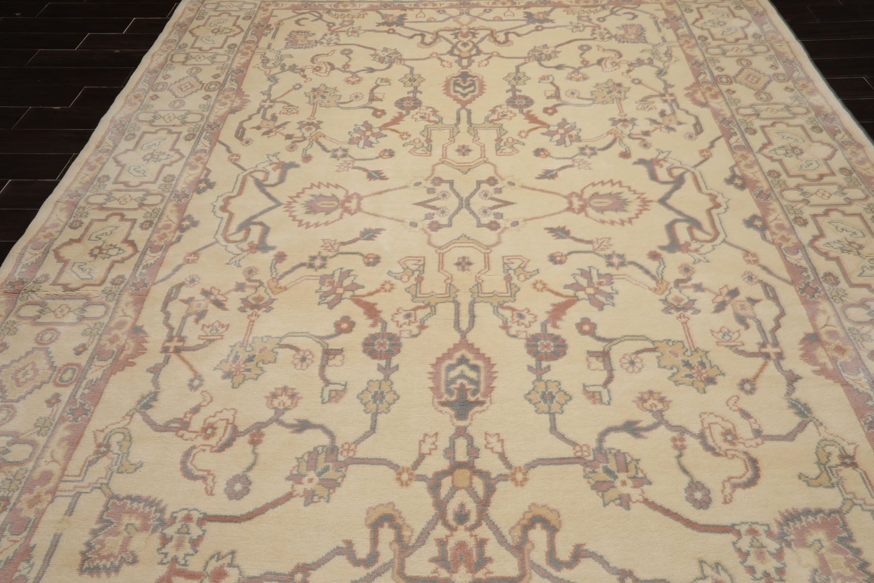9x12 Ivory, Rose, Gray Color Hand Knotted Heriz New Zealand Wool Traditional Oriental Rug