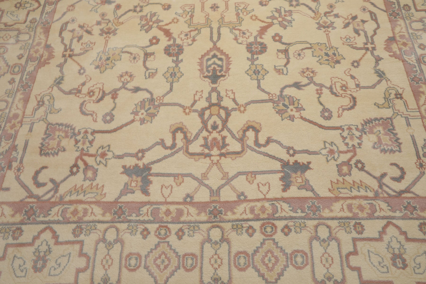 9x12 Ivory, Rose, Gray Color Hand Knotted Heriz New Zealand Wool Traditional Oriental Rug