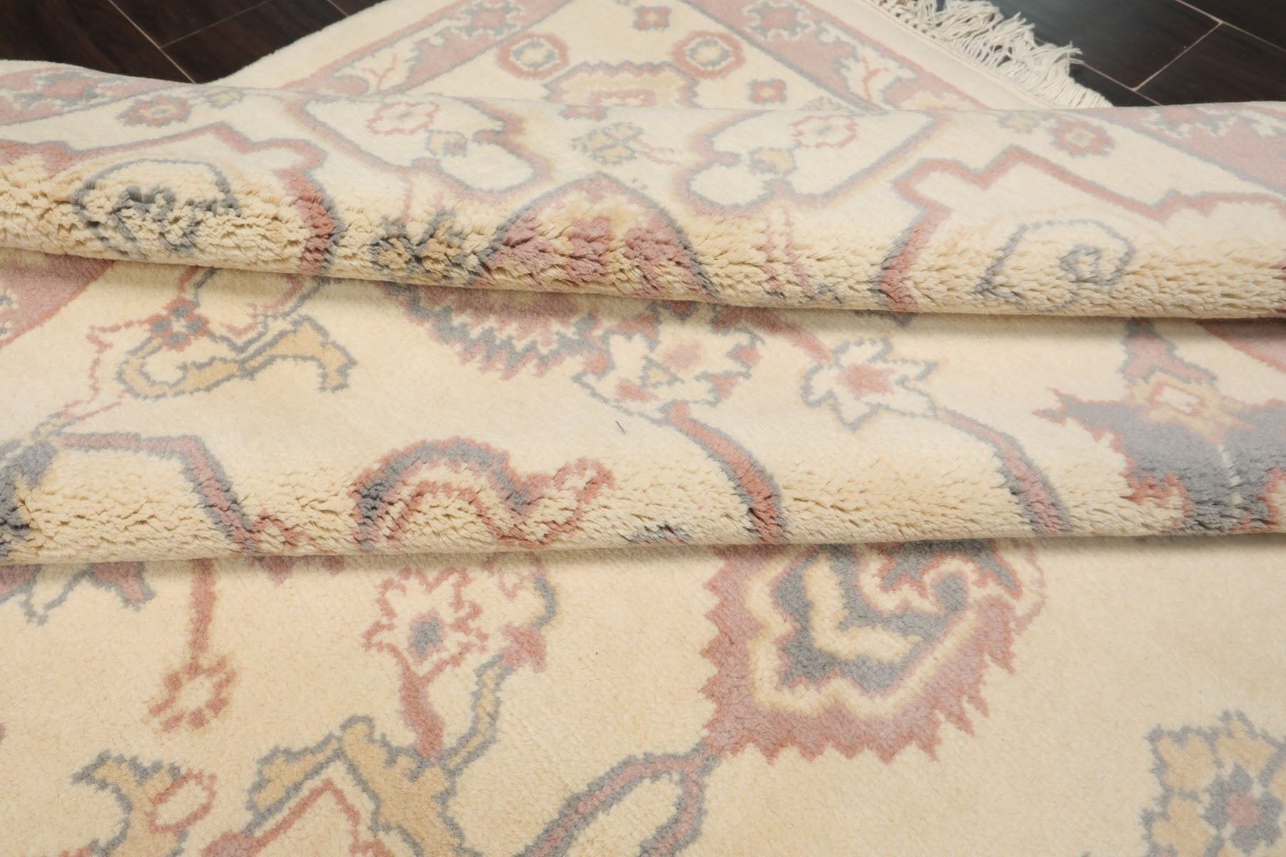 9x12 Ivory, Rose, Gray Color Hand Knotted Heriz New Zealand Wool Traditional Oriental Rug