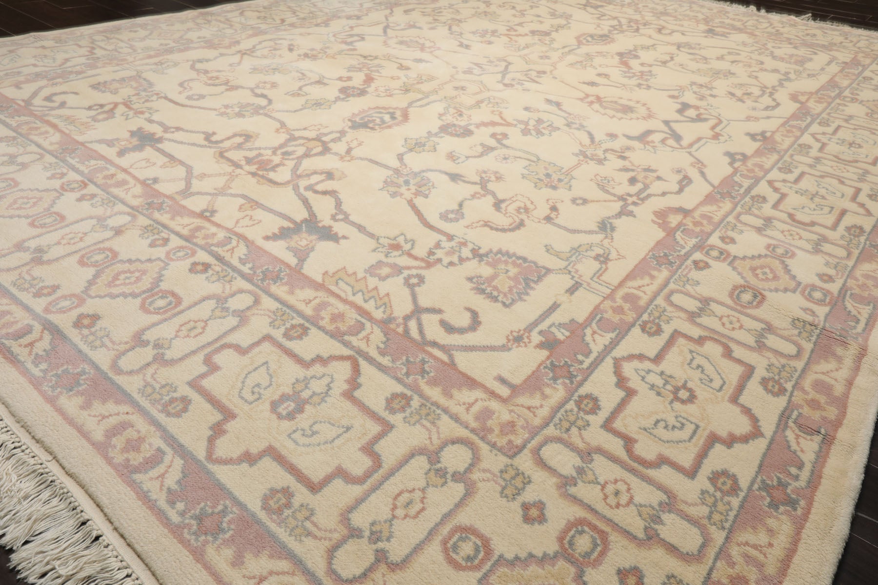 9x12 Ivory, Rose, Gray Color Hand Knotted Heriz New Zealand Wool Traditional Oriental Rug
