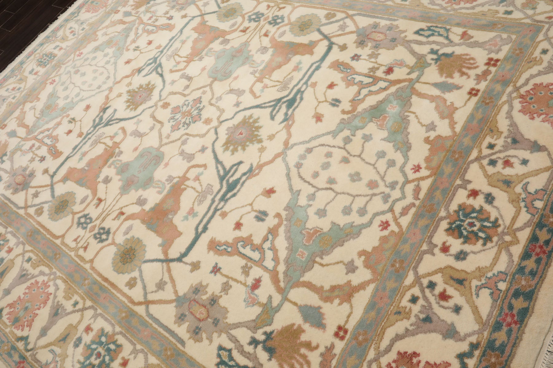 8x10 Ivory, Aqua, Rose Color Hand Knotted Oushak New Zealand Wool Art & Crafts Oriental Rug