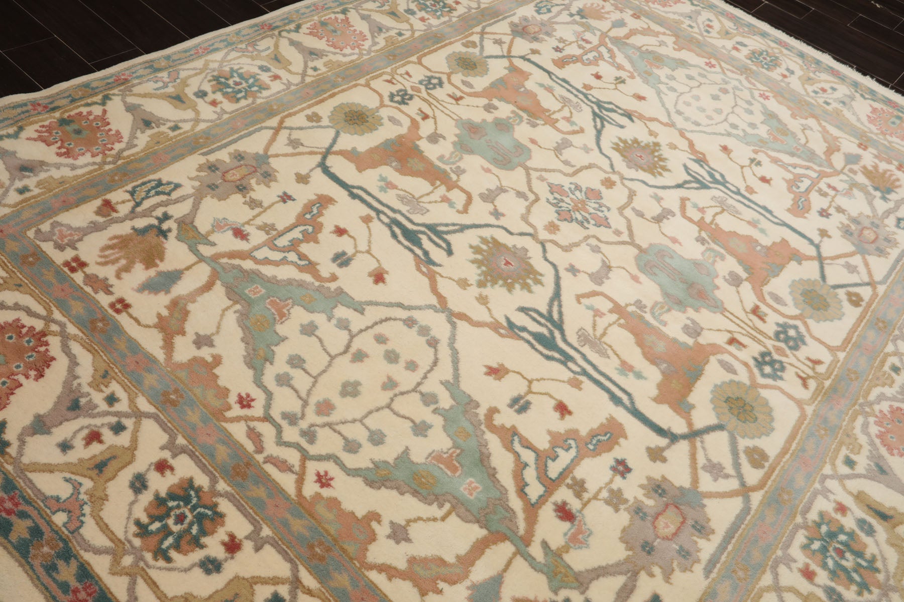 8x10 Ivory, Aqua, Rose Color Hand Knotted Oushak New Zealand Wool Art & Crafts Oriental Rug