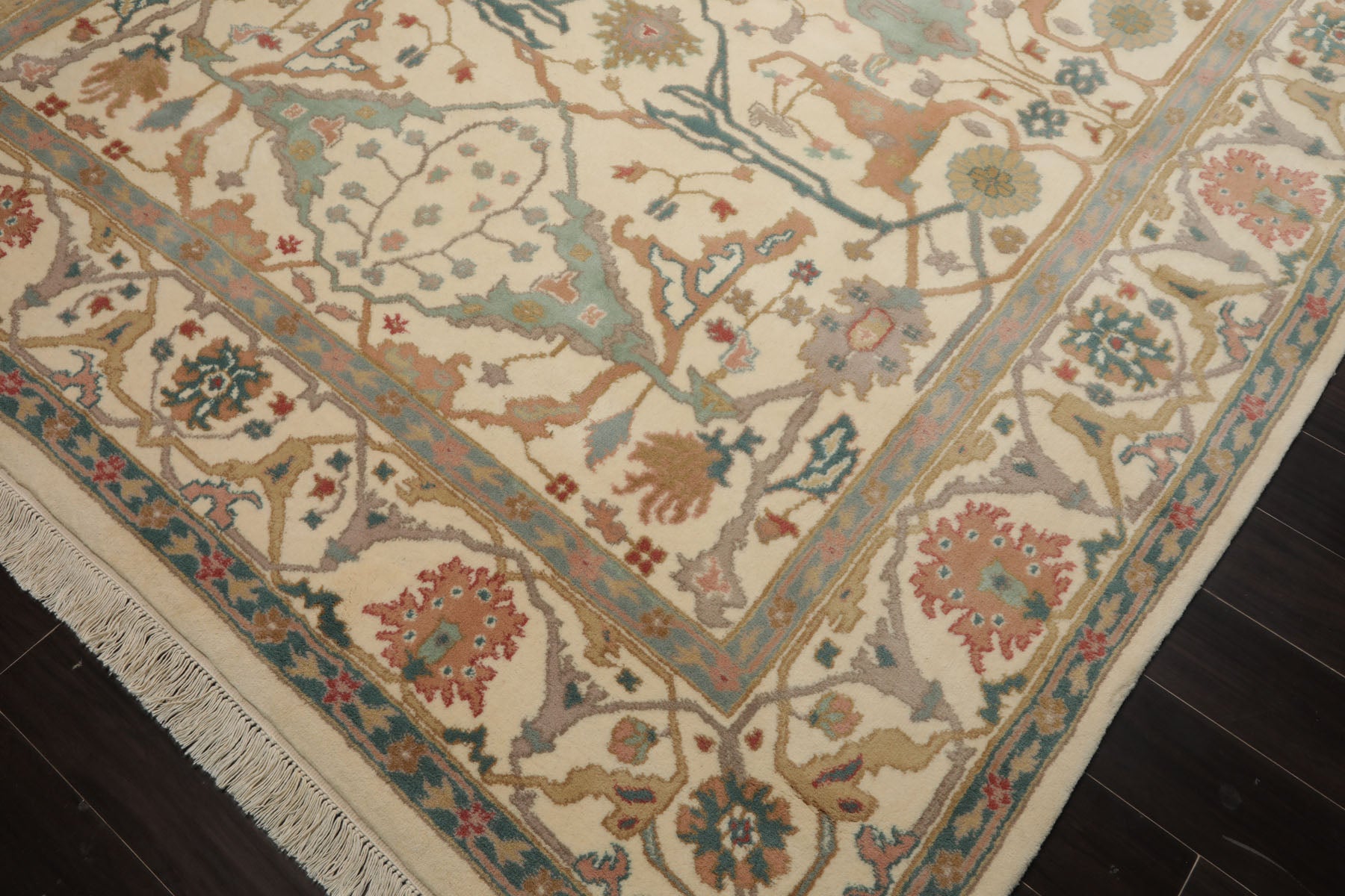 8x10 Ivory, Aqua, Rose Color Hand Knotted Oushak New Zealand Wool Art & Crafts Oriental Rug