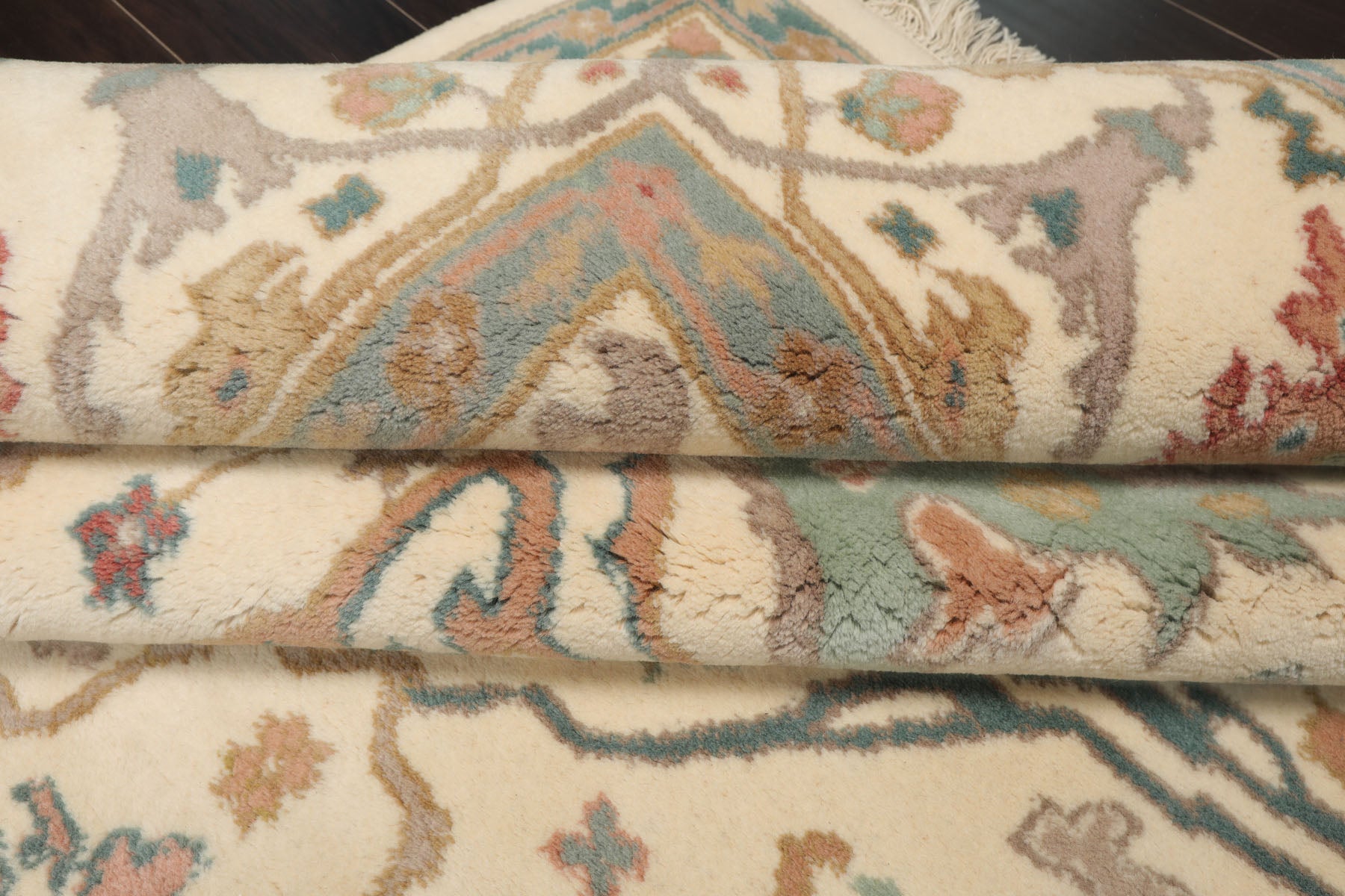 8x10 Ivory, Aqua, Rose Color Hand Knotted Oushak New Zealand Wool Art & Crafts Oriental Rug