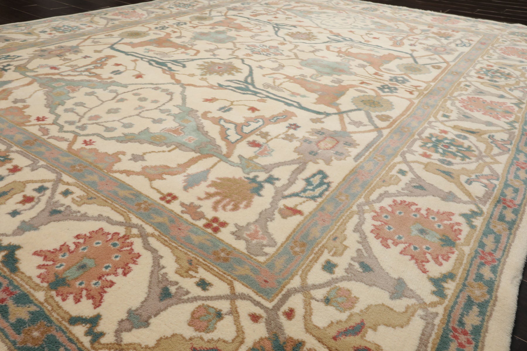 8x10 Ivory, Aqua, Rose Color Hand Knotted Oushak New Zealand Wool Art & Crafts Oriental Rug