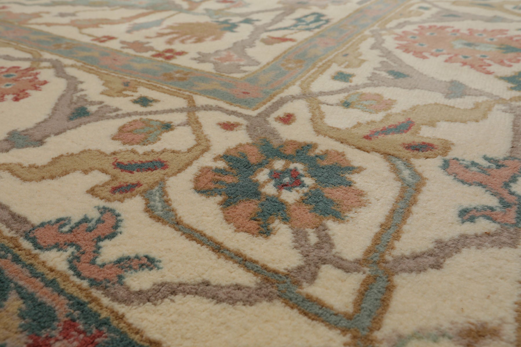 8x10 Ivory, Aqua, Rose Color Hand Knotted Oushak New Zealand Wool Art & Crafts Oriental Rug