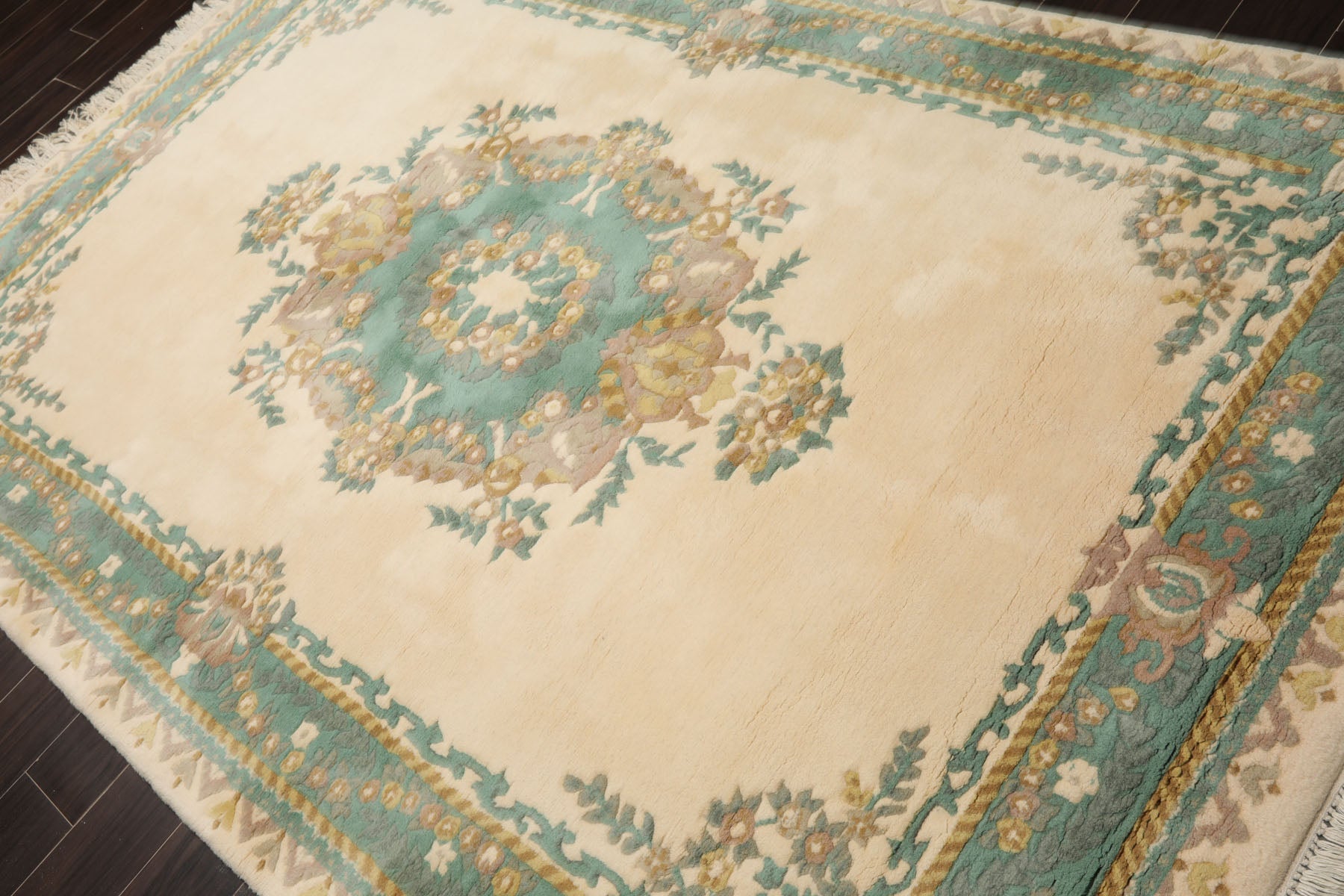 6x9 Ivory, Turquoise, Gold Color Hand Knotted French Aubusson Savonnerie Wool Traditional Oriental Rug