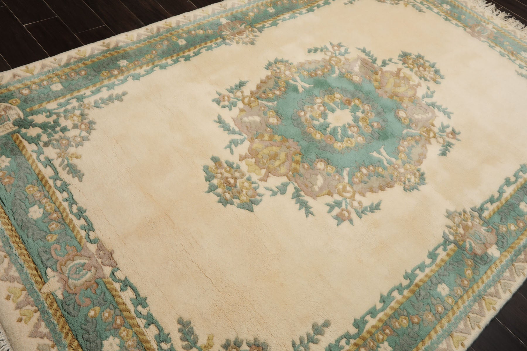6x9 Ivory, Turquoise, Gold Color Hand Knotted French Aubusson Savonnerie Wool Traditional Oriental Rug