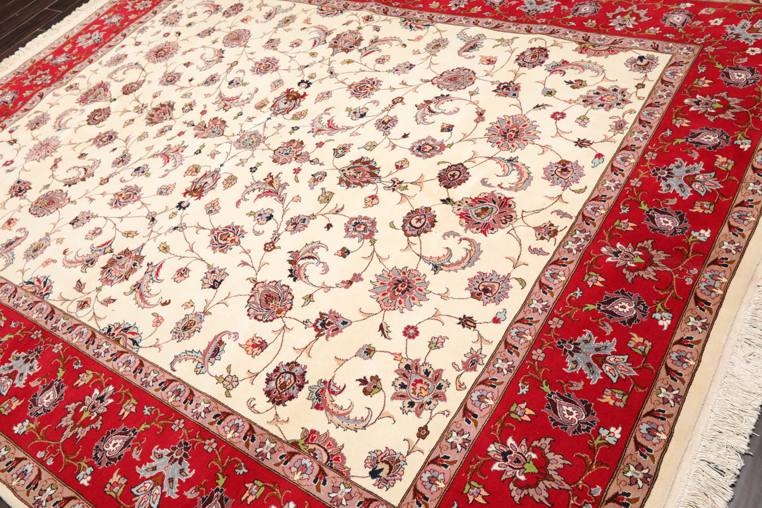 8x10 Ivory, Red, Rose Color Hand Knotted All-Over 100% Wool Traditional Oriental Rug