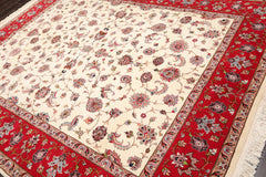 8x10 Ivory, Red, Rose Color Hand Knotted All-Over 100% Wool Traditional Oriental Rug