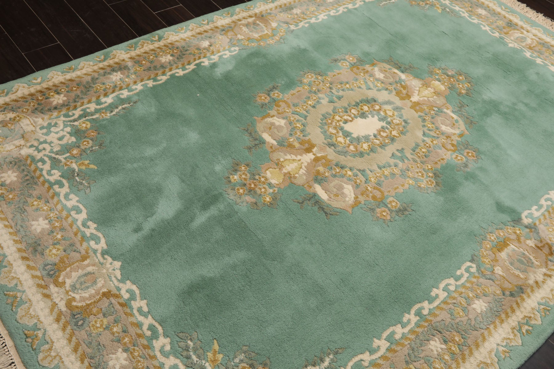 6x9 Turquoise, Taupe, Ivory Color Hand Knotted Kerman New Zealand Wool Traditional Oriental Rug
