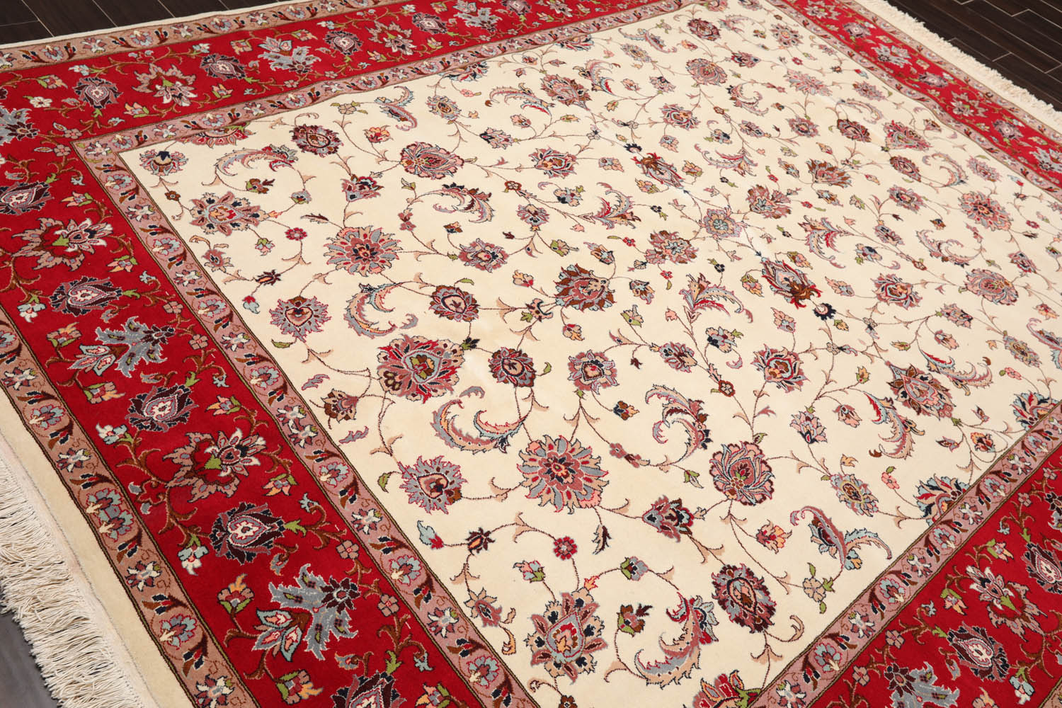 8x10 Ivory, Red, Rose Color Hand Knotted All-Over 100% Wool Traditional Oriental Rug