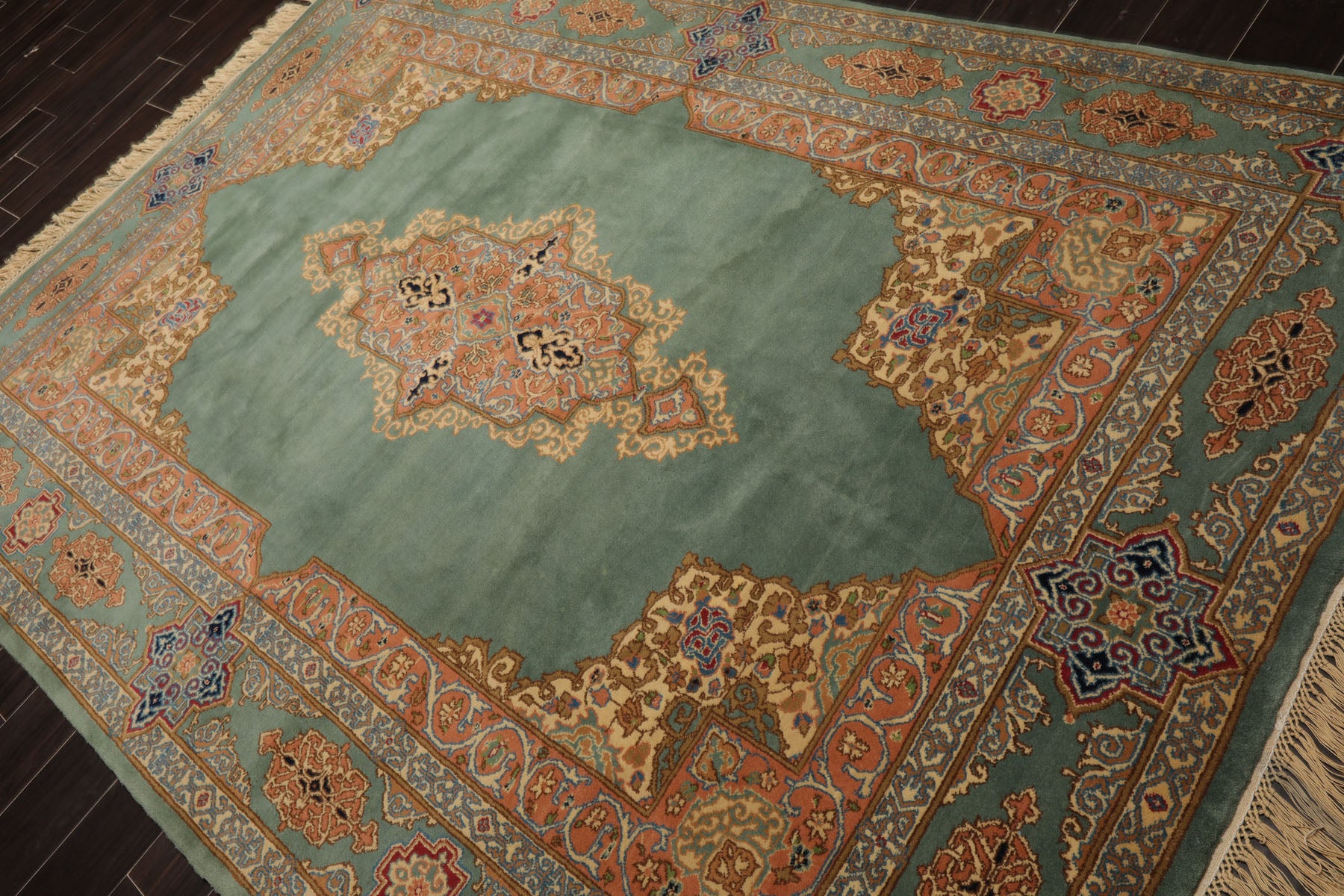6x9 Aqua, Rose, Peach Color Hand Knotted Kerman New Zealand Wool Traditional Oriental Rug