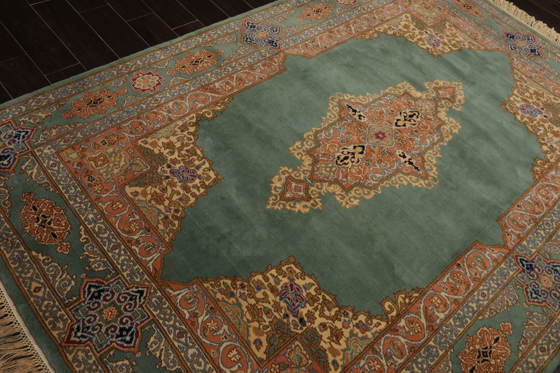 6x9 Aqua, Rose, Peach Color Hand Knotted Kerman New Zealand Wool Traditional Oriental Rug