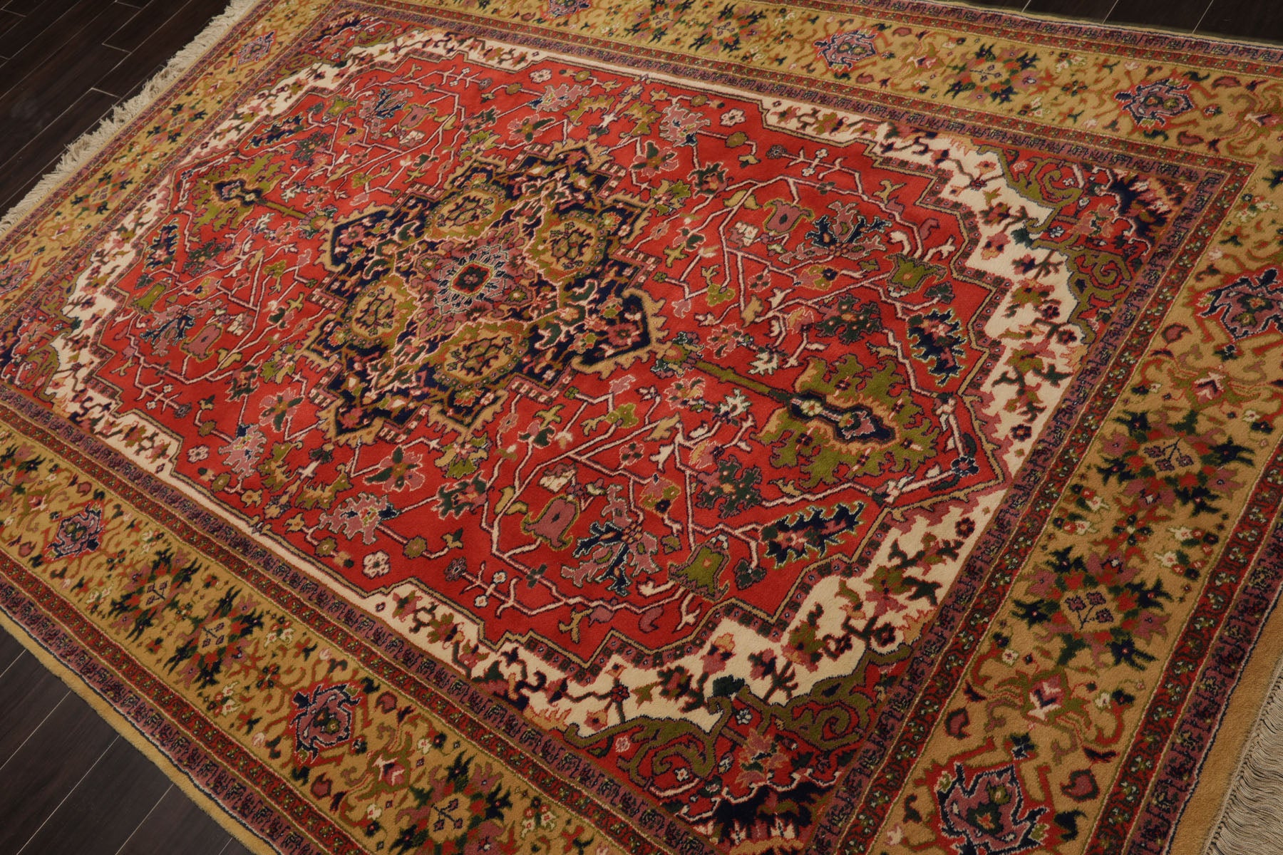 6x9 Orange, Navy, Gold Color Hand Knotted Serapi New Zealand Wool Traditional Oriental Rug