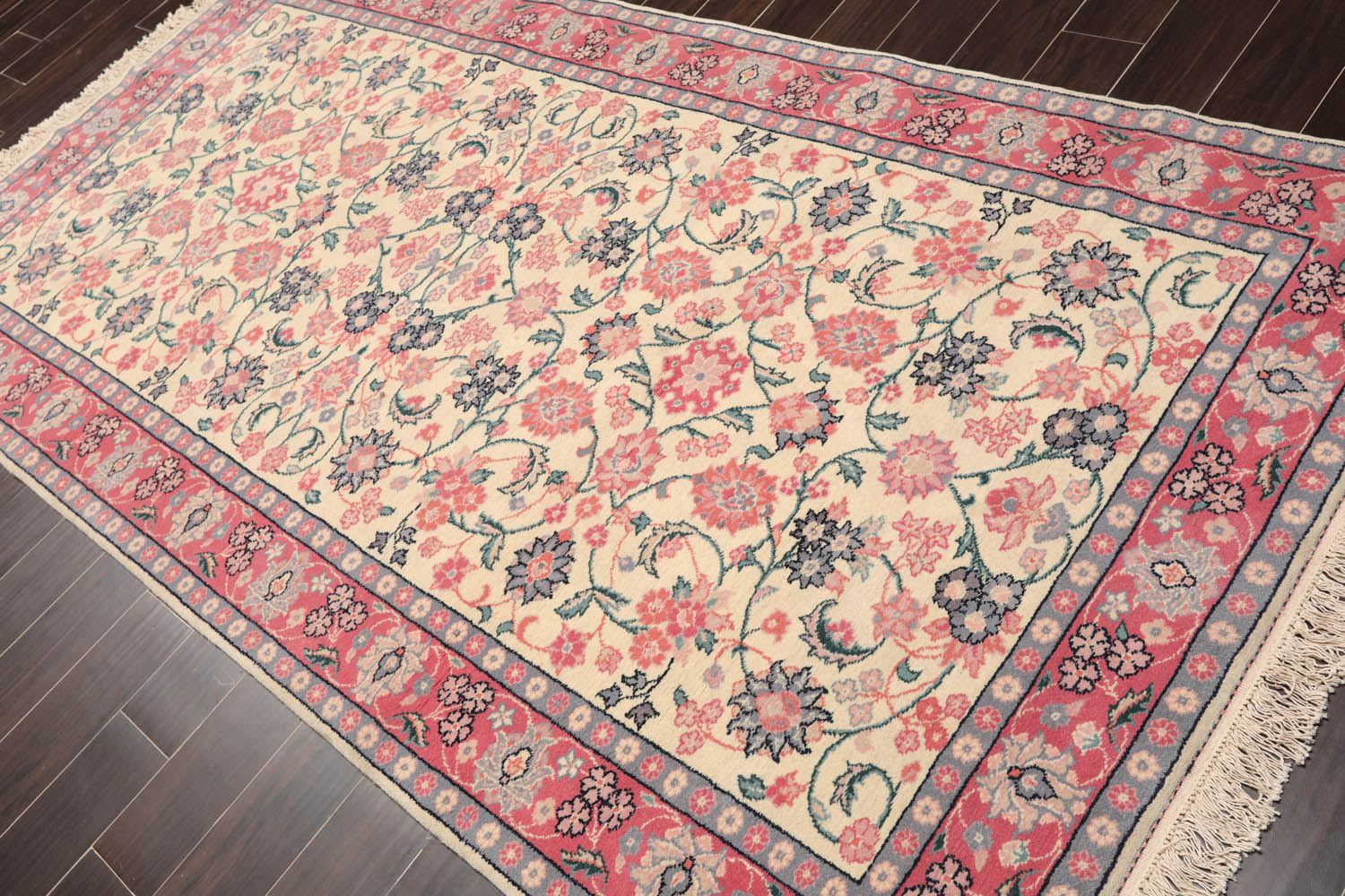 Runner Ivory, Pink, Blue Color Hand Knotted All-Over 100% Wool Traditional Oriental Rug