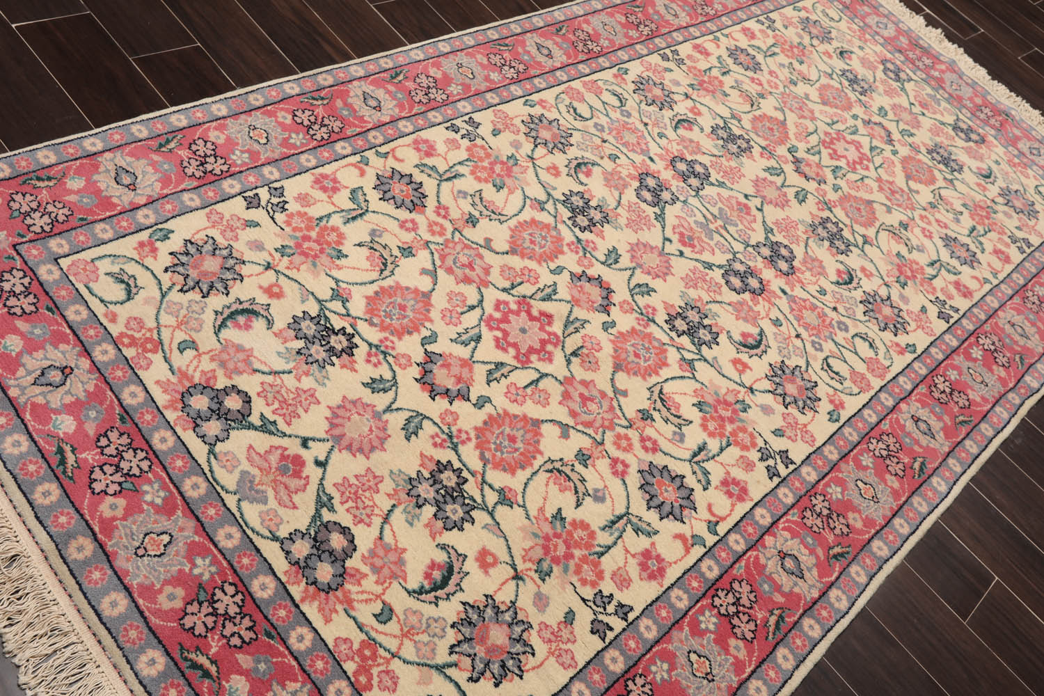Runner Ivory, Pink, Blue Color Hand Knotted All-Over 100% Wool Traditional Oriental Rug