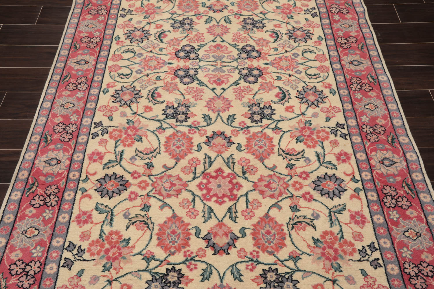 Runner Ivory, Pink, Blue Color Hand Knotted All-Over 100% Wool Traditional Oriental Rug