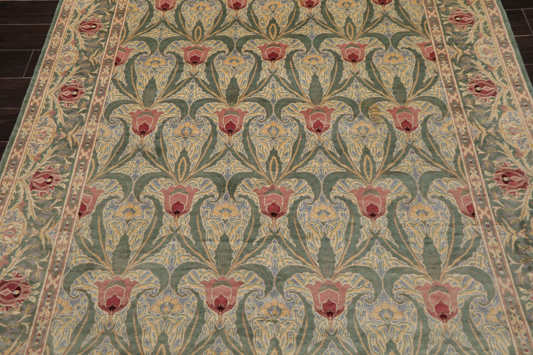 6x9 Aqua, Ivory, Light Color Hand Knotted Arts & Crafts New Zealand Wool William Morris Oriental Rug