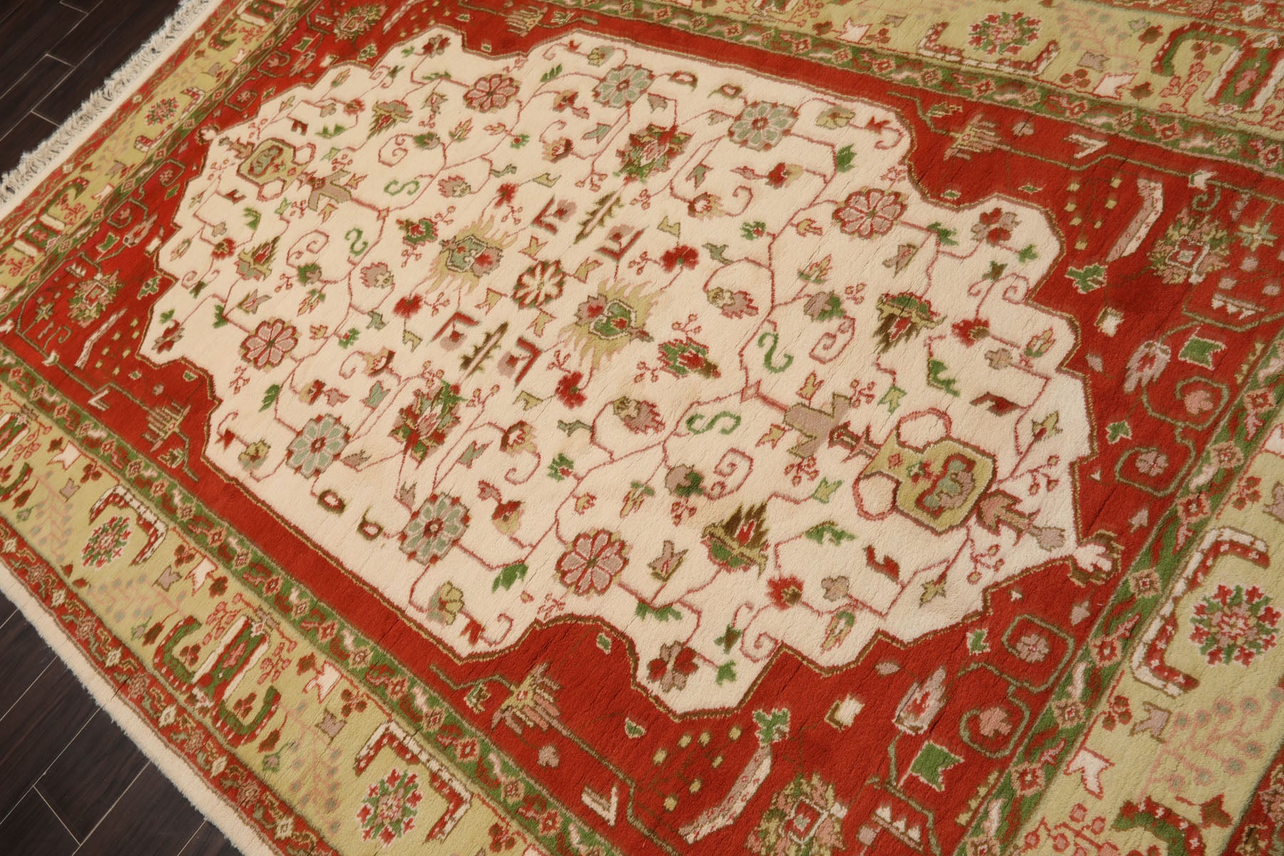 6x9 Ivory, Orange, Pistacchio Color Hand Knotted Kerman New Zealand Wool Traditional Oriental Rug