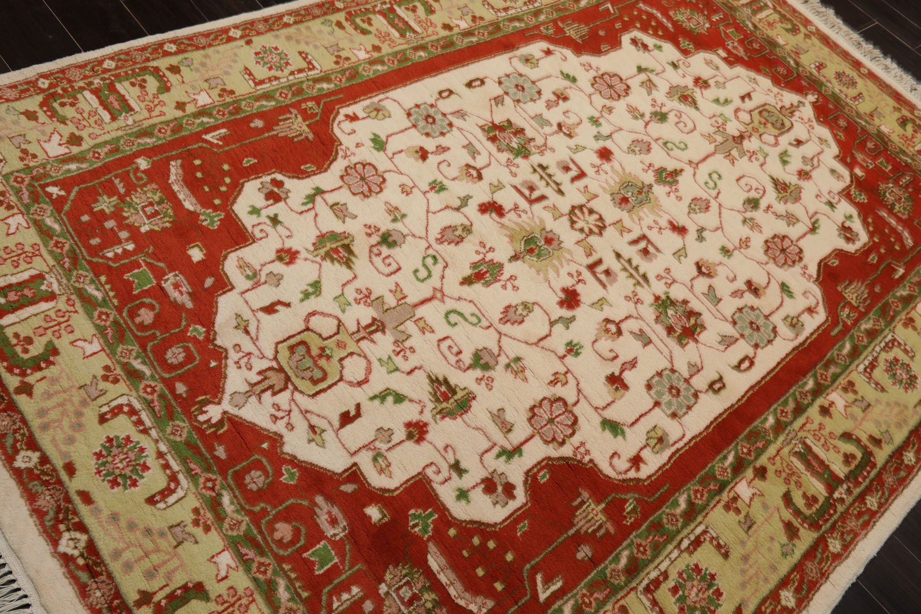 6x9 Ivory, Orange, Pistacchio Color Hand Knotted Kerman New Zealand Wool Traditional Oriental Rug