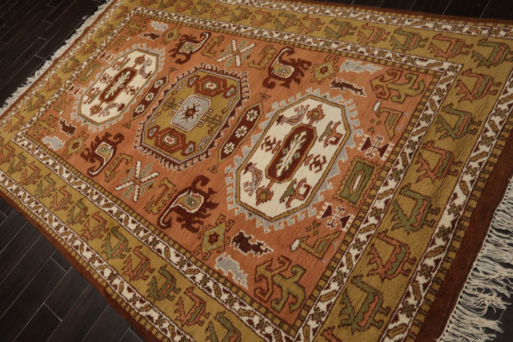 5x9 Peach, Mustard, Ivory Color Hand Knotted Oushak Wool Traditional Oriental Rug