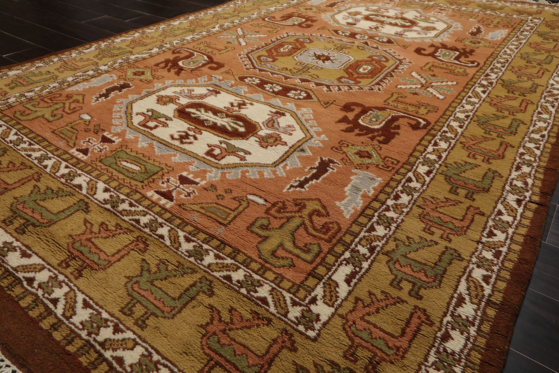 5x9 Peach, Mustard, Ivory Color Hand Knotted Oushak Wool Traditional Oriental Rug