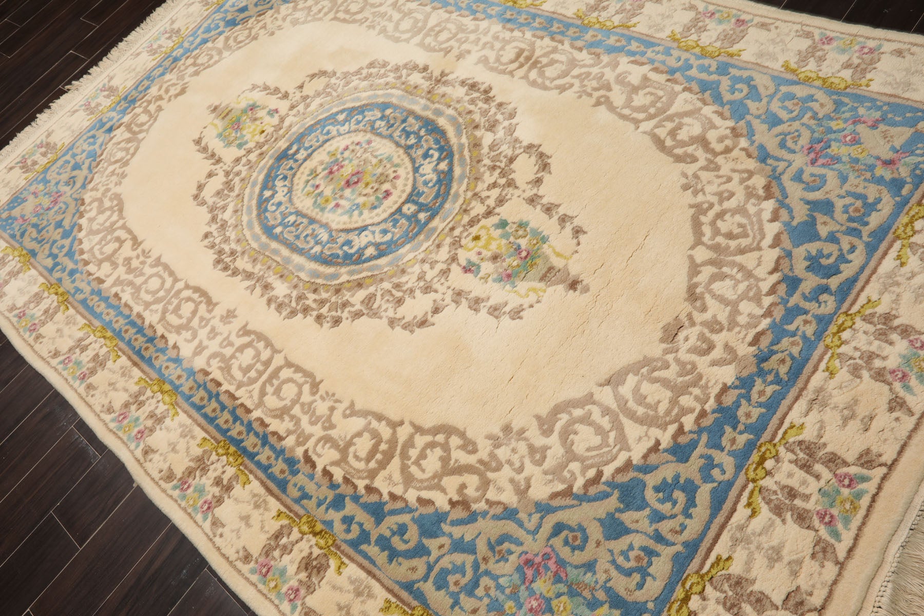 6x9 Ivory, Aqua, Lime Color Hand Knotted French Aubusson Savonnerie Wool Traditional Oriental Rug