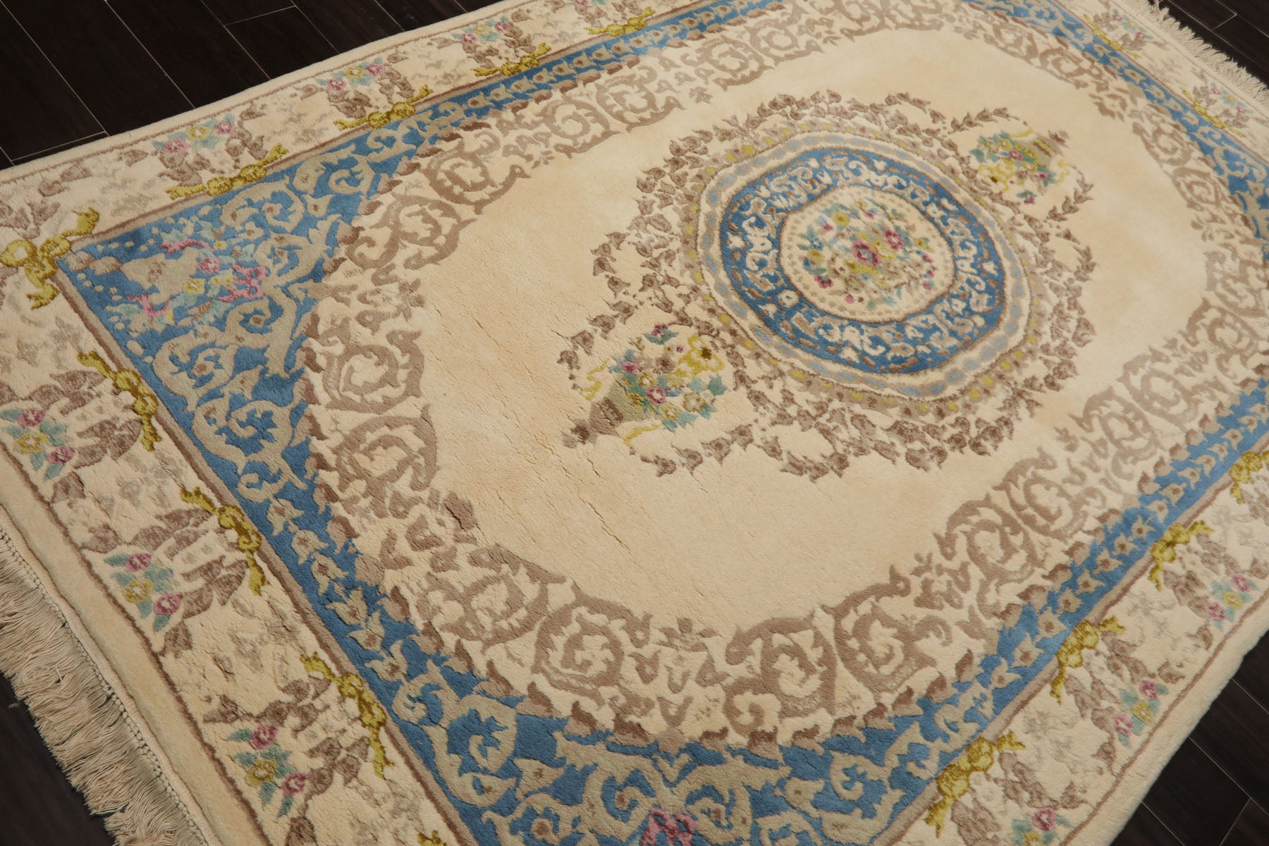 6x9 Ivory, Aqua, Lime Color Hand Knotted French Aubusson Savonnerie Wool Traditional Oriental Rug