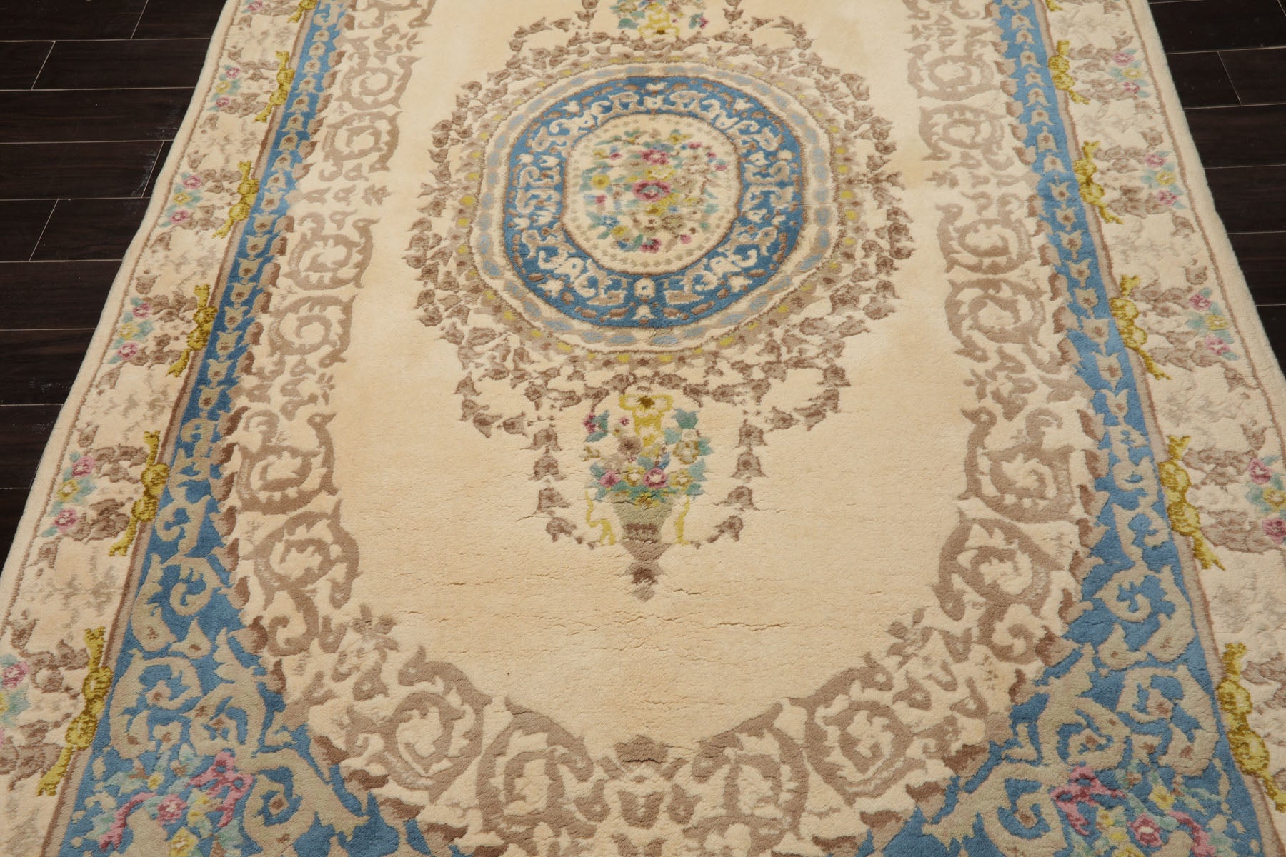 6x9 Ivory, Aqua, Lime Color Hand Knotted French Aubusson Savonnerie Wool Traditional Oriental Rug