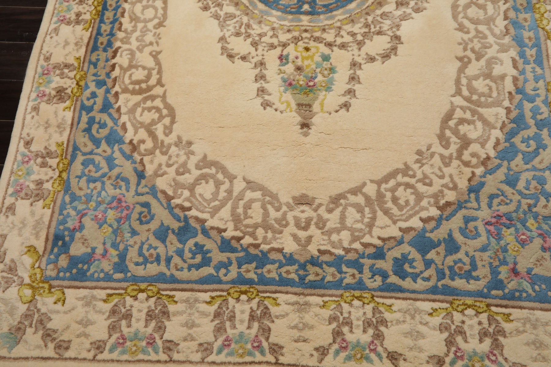 6x9 Ivory, Aqua, Lime Color Hand Knotted French Aubusson Savonnerie Wool Traditional Oriental Rug