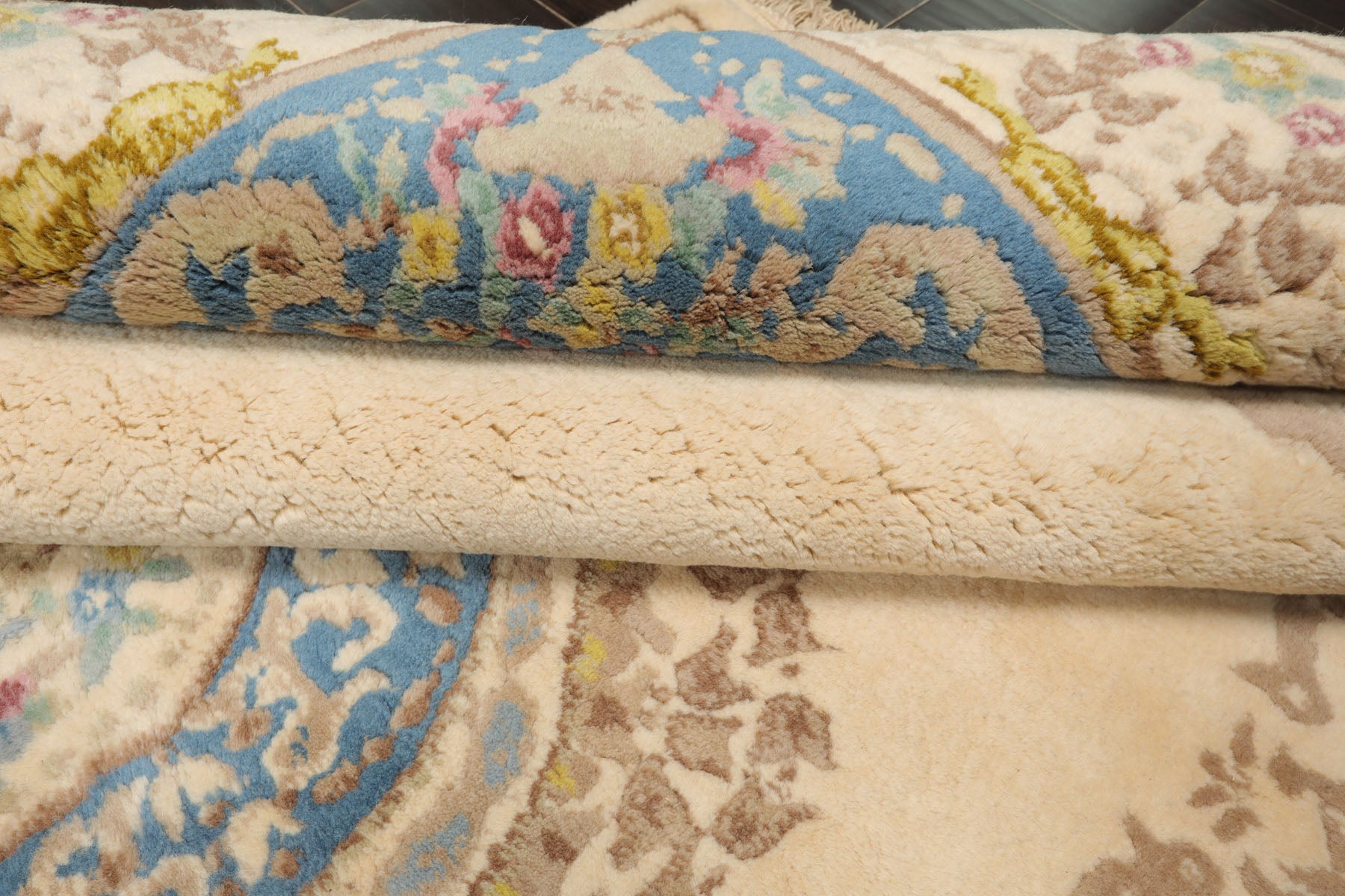 6x9 Ivory, Aqua, Lime Color Hand Knotted French Aubusson Savonnerie Wool Traditional Oriental Rug